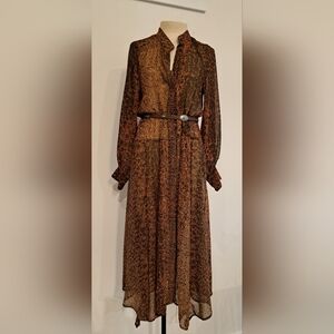 H & M Tiered Chiffon Flowy Dress/cardigan. In Rich Brown, Back, Rust Pattern.